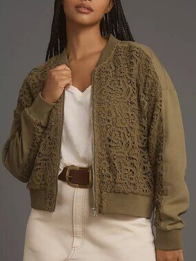 Anthropologie Crochet Bomber Jacket - Color: Olive Green Size: S